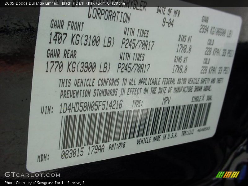 Black / Dark Khaki/Light Graystone 2005 Dodge Durango Limited