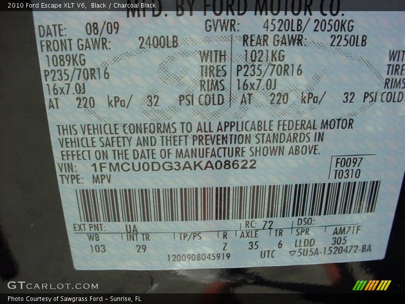 Black / Charcoal Black 2010 Ford Escape XLT V6