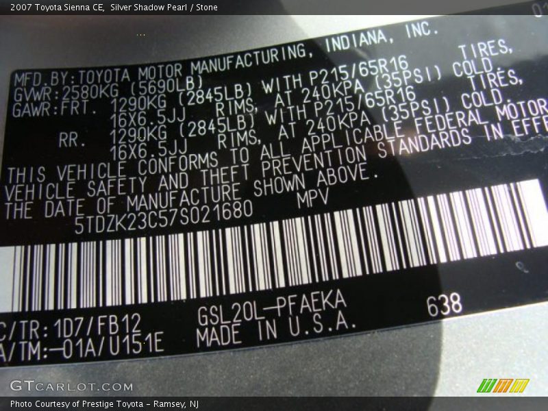 Silver Shadow Pearl / Stone 2007 Toyota Sienna CE