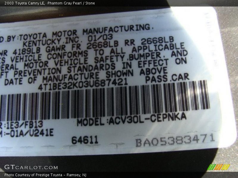 Phantom Gray Pearl / Stone 2003 Toyota Camry LE