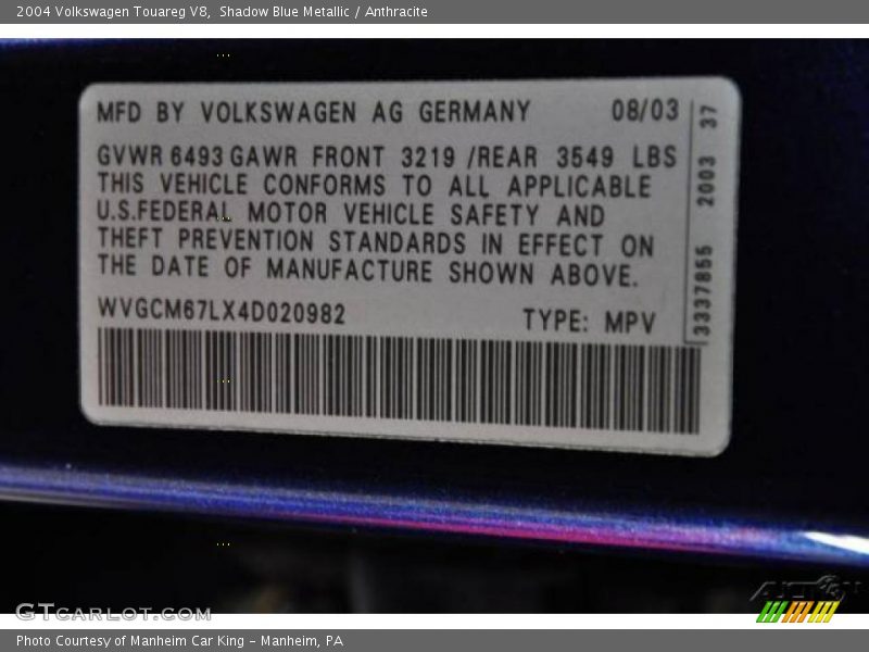 Shadow Blue Metallic / Anthracite 2004 Volkswagen Touareg V8