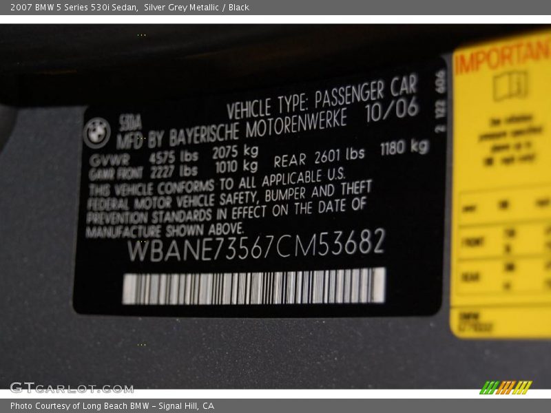 Silver Grey Metallic / Black 2007 BMW 5 Series 530i Sedan