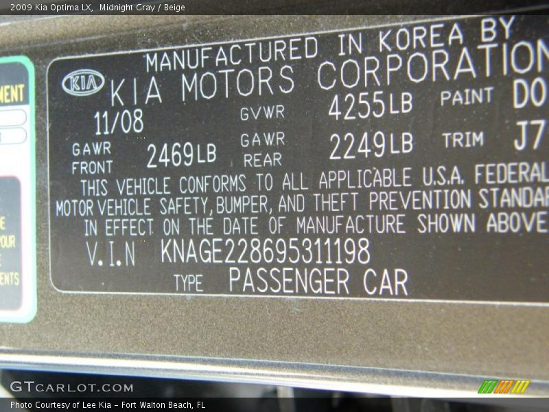 Midnight Gray / Beige 2009 Kia Optima LX