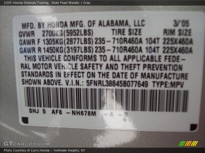 Silver Pearl Metallic / Gray 2005 Honda Odyssey Touring
