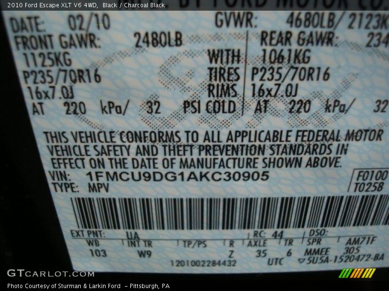 Black / Charcoal Black 2010 Ford Escape XLT V6 4WD