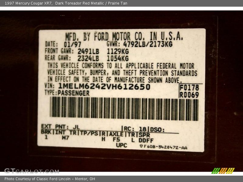 Dark Toreador Red Metallic / Prairie Tan 1997 Mercury Cougar XR7