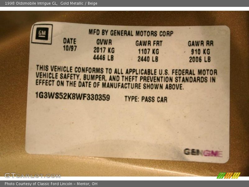 Gold Metallic / Beige 1998 Oldsmobile Intrigue GL