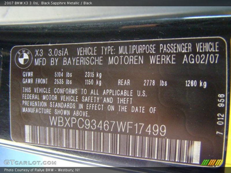 Black Sapphire Metallic / Black 2007 BMW X3 3.0si