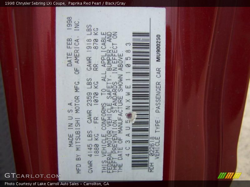 Paprika Red Pearl / Black/Gray 1998 Chrysler Sebring LXi Coupe