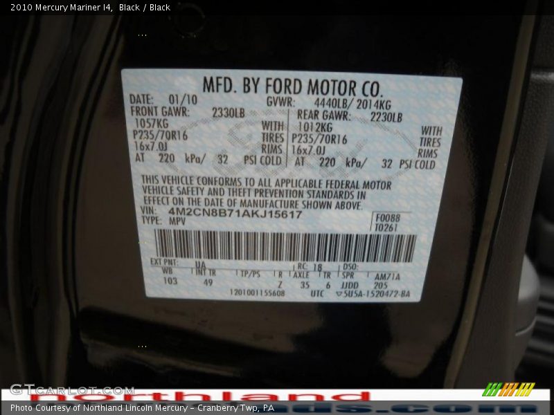Black / Black 2010 Mercury Mariner I4