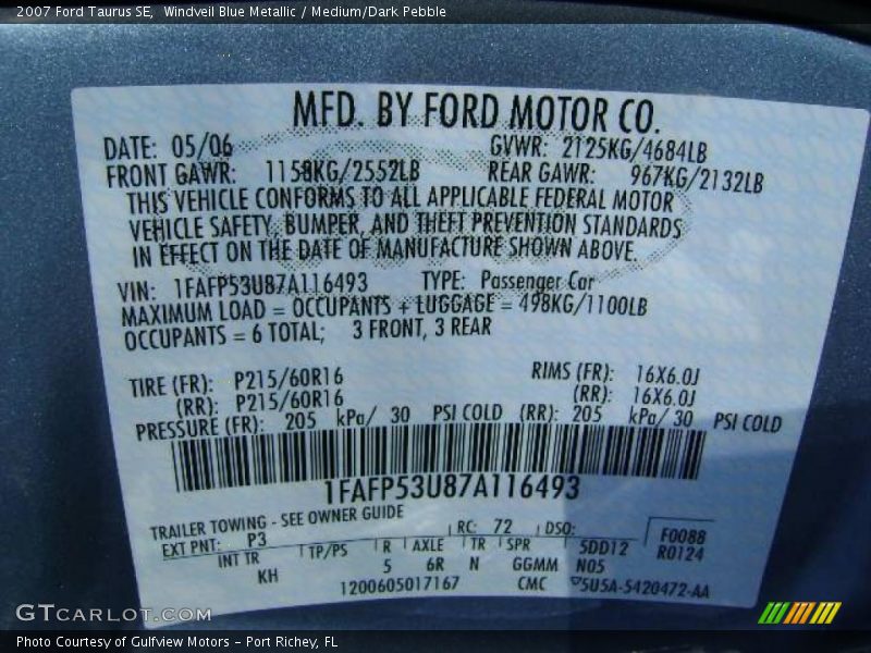 Windveil Blue Metallic / Medium/Dark Pebble 2007 Ford Taurus SE