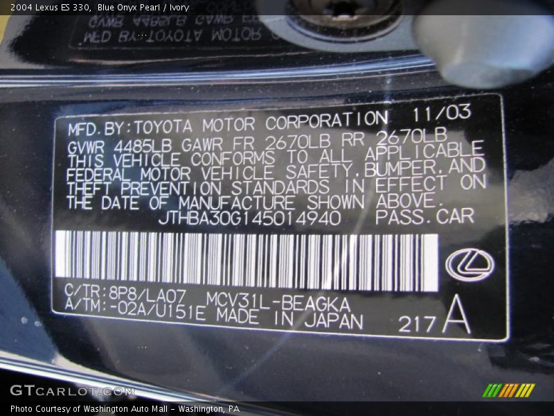 Blue Onyx Pearl / Ivory 2004 Lexus ES 330