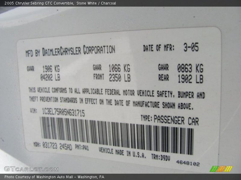 Stone White / Charcoal 2005 Chrysler Sebring GTC Convertible