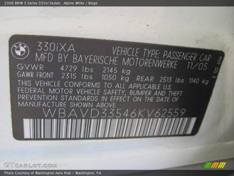 Alpine White / Beige 2006 BMW 3 Series 330xi Sedan