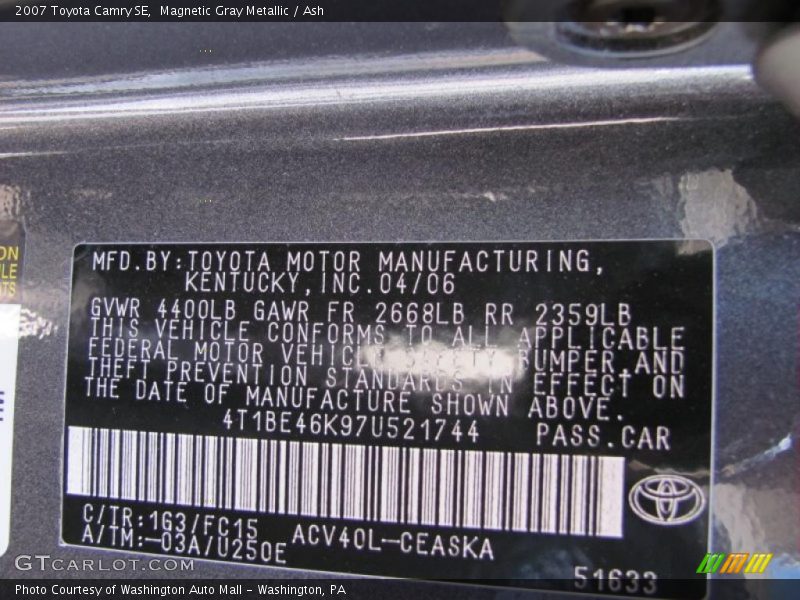 Magnetic Gray Metallic / Ash 2007 Toyota Camry SE