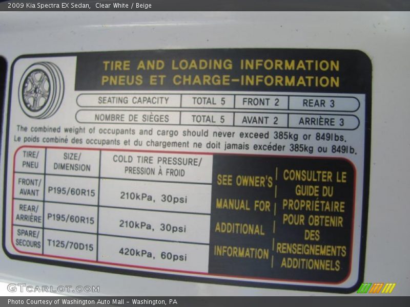 Clear White / Beige 2009 Kia Spectra EX Sedan