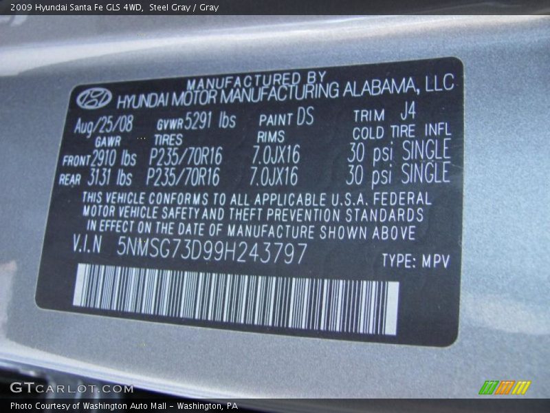 Steel Gray / Gray 2009 Hyundai Santa Fe GLS 4WD