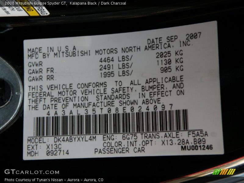 2008 Eclipse Spyder GT Kalapana Black Color Code X13