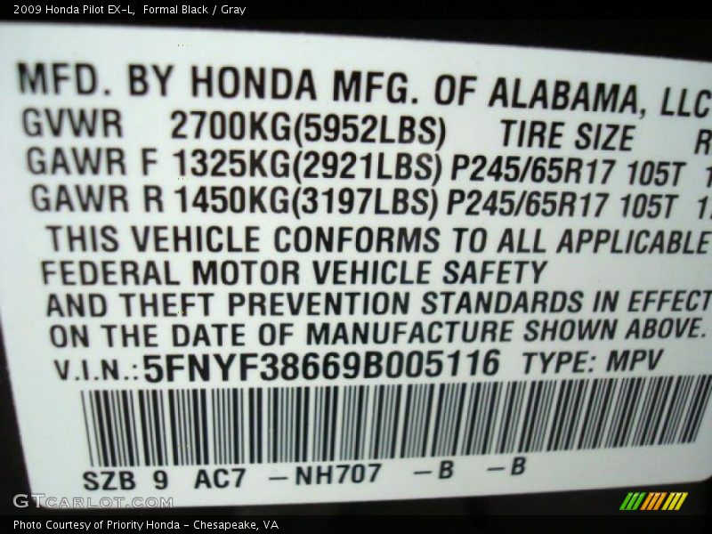 Formal Black / Gray 2009 Honda Pilot EX-L