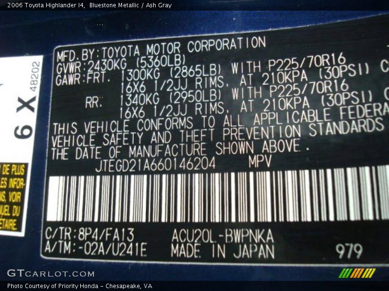 Bluestone Metallic / Ash Gray 2006 Toyota Highlander I4