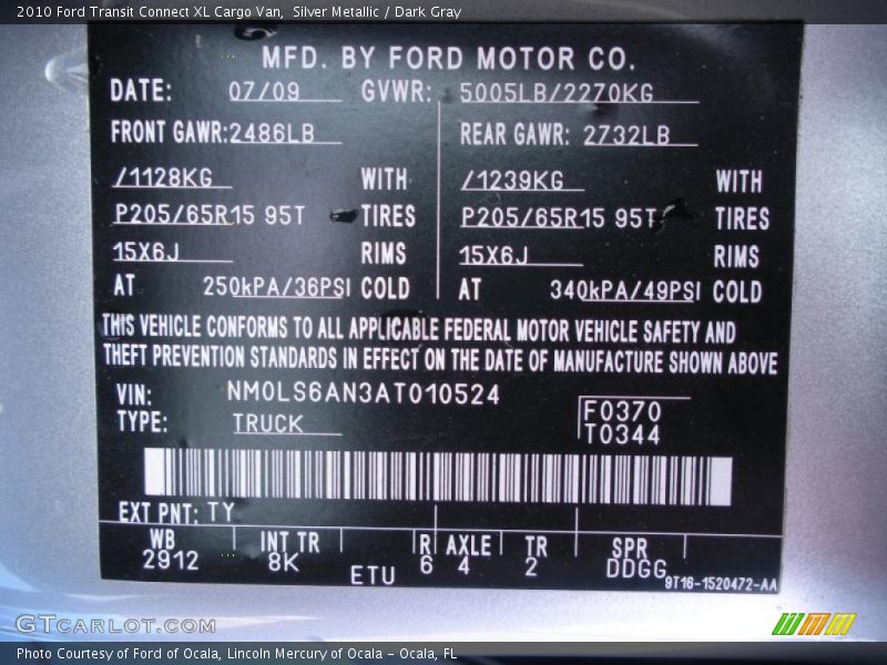 Silver Metallic / Dark Gray 2010 Ford Transit Connect XL Cargo Van