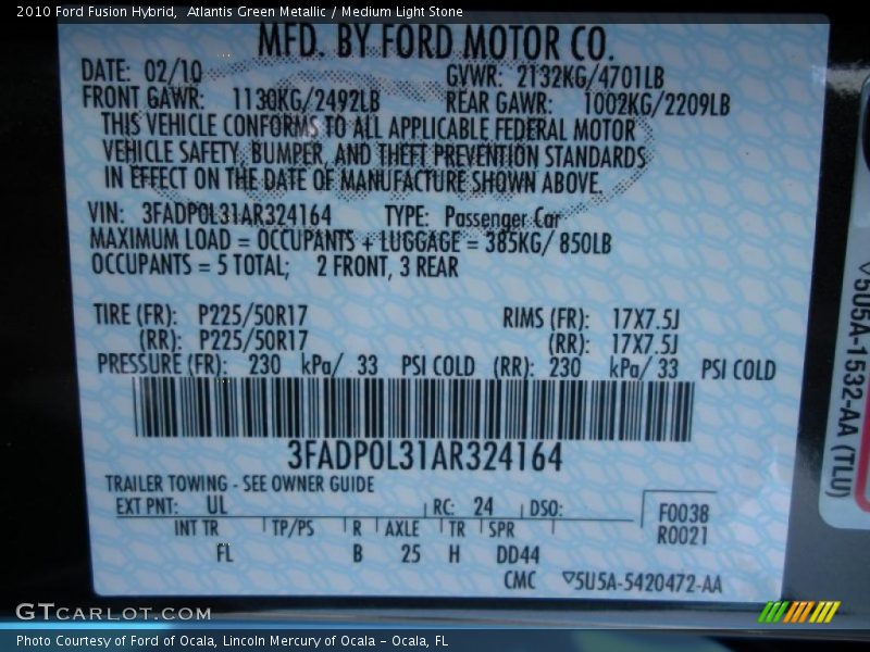 Atlantis Green Metallic / Medium Light Stone 2010 Ford Fusion Hybrid