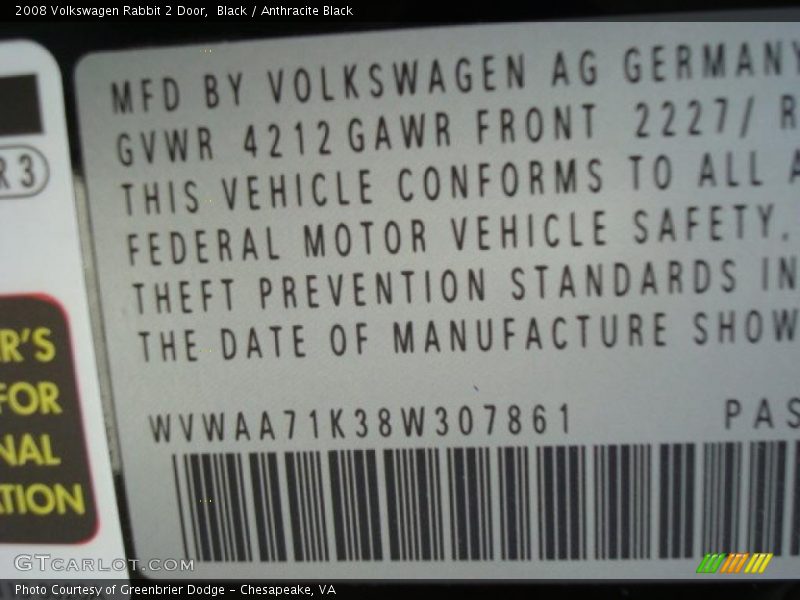 Black / Anthracite Black 2008 Volkswagen Rabbit 2 Door