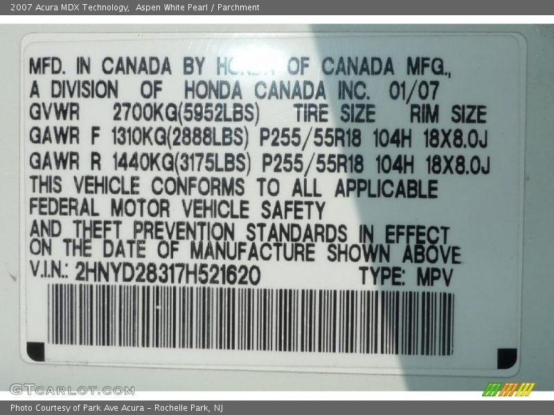 Aspen White Pearl / Parchment 2007 Acura MDX Technology