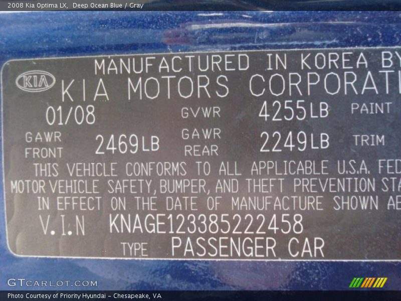 Deep Ocean Blue / Gray 2008 Kia Optima LX