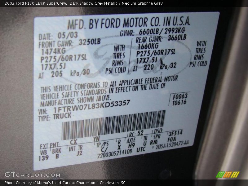Dark Shadow Grey Metallic / Medium Graphite Grey 2003 Ford F150 Lariat SuperCrew