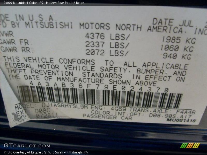 Maizen Blue Pearl / Beige 2009 Mitsubishi Galant ES