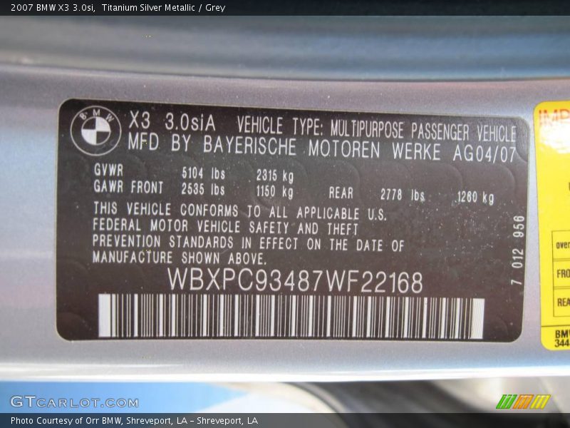 Titanium Silver Metallic / Grey 2007 BMW X3 3.0si