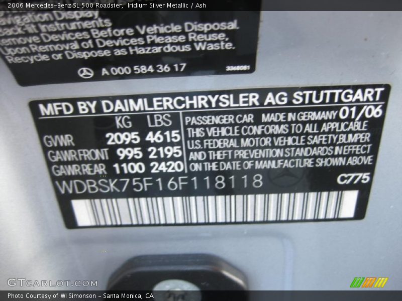 Iridium Silver Metallic / Ash 2006 Mercedes-Benz SL 500 Roadster