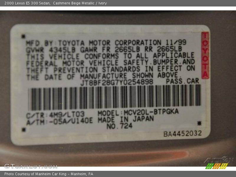 Cashmere Beige Metallic / Ivory 2000 Lexus ES 300 Sedan