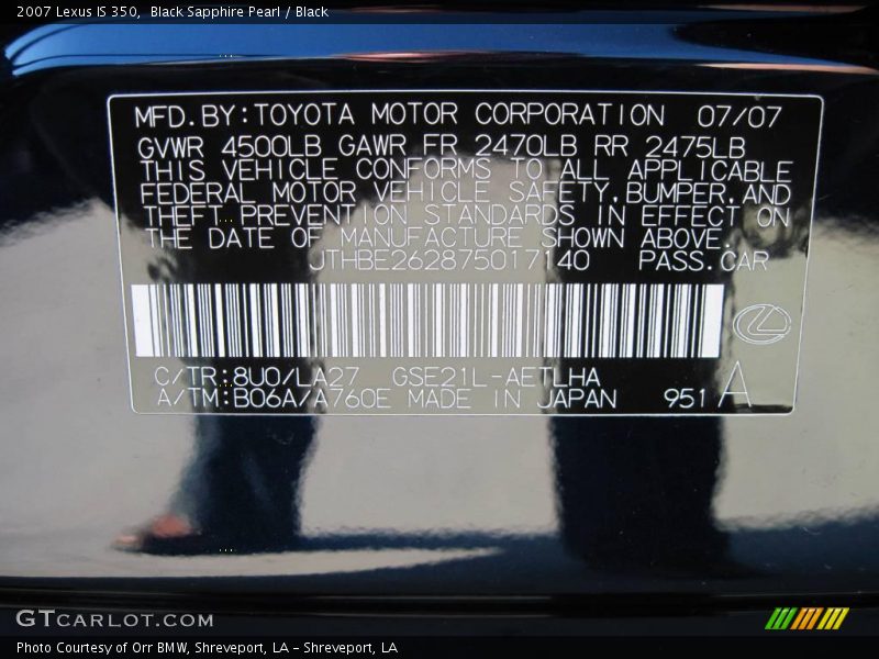 Black Sapphire Pearl / Black 2007 Lexus IS 350