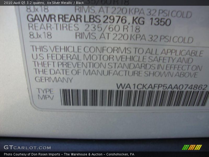 Ice Silver Metallic / Black 2010 Audi Q5 3.2 quattro