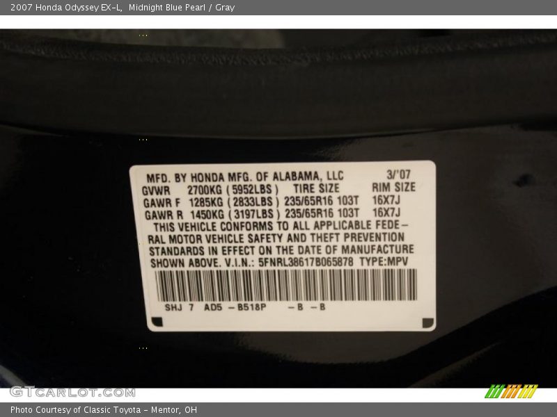 Midnight Blue Pearl / Gray 2007 Honda Odyssey EX-L
