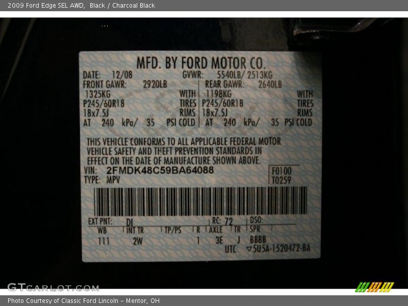 Black / Charcoal Black 2009 Ford Edge SEL AWD