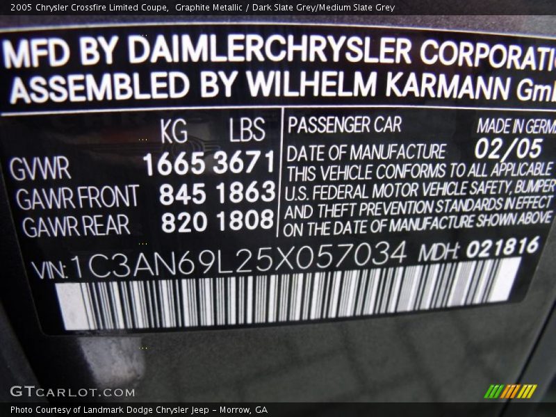 Info Tag of 2005 Crossfire Limited Coupe