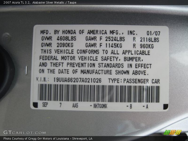 Alabaster Silver Metallic / Taupe 2007 Acura TL 3.2