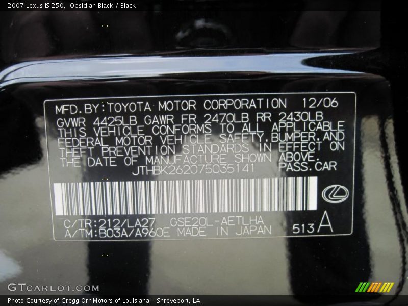 Obsidian Black / Black 2007 Lexus IS 250