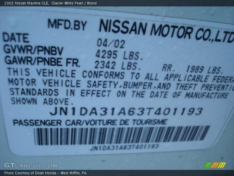 Glacier White Pearl / Blond 2003 Nissan Maxima GLE