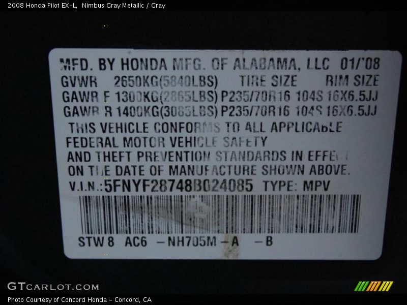 Nimbus Gray Metallic / Gray 2008 Honda Pilot EX-L