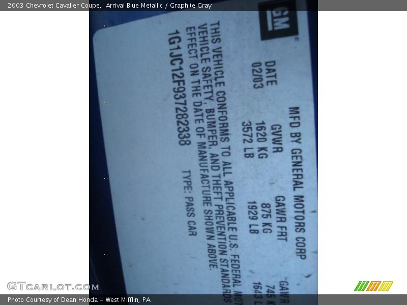 Arrival Blue Metallic / Graphite Gray 2003 Chevrolet Cavalier Coupe