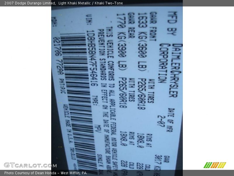 Light Khaki Metallic / Khaki Two-Tone 2007 Dodge Durango Limited