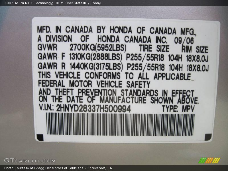 Billet Silver Metallic / Ebony 2007 Acura MDX Technology