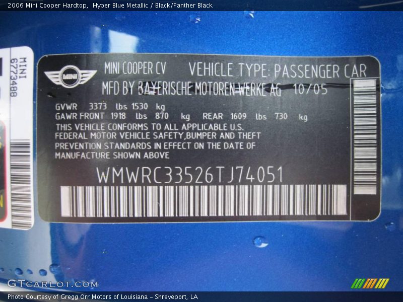 Hyper Blue Metallic / Black/Panther Black 2006 Mini Cooper Hardtop
