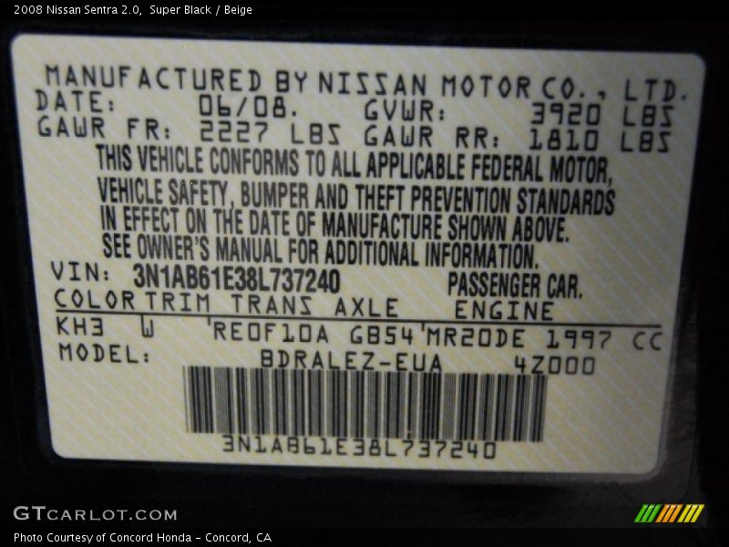 Super Black / Beige 2008 Nissan Sentra 2.0