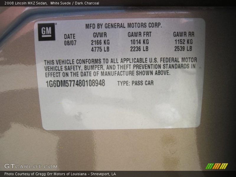 White Suede / Dark Charcoal 2008 Lincoln MKZ Sedan