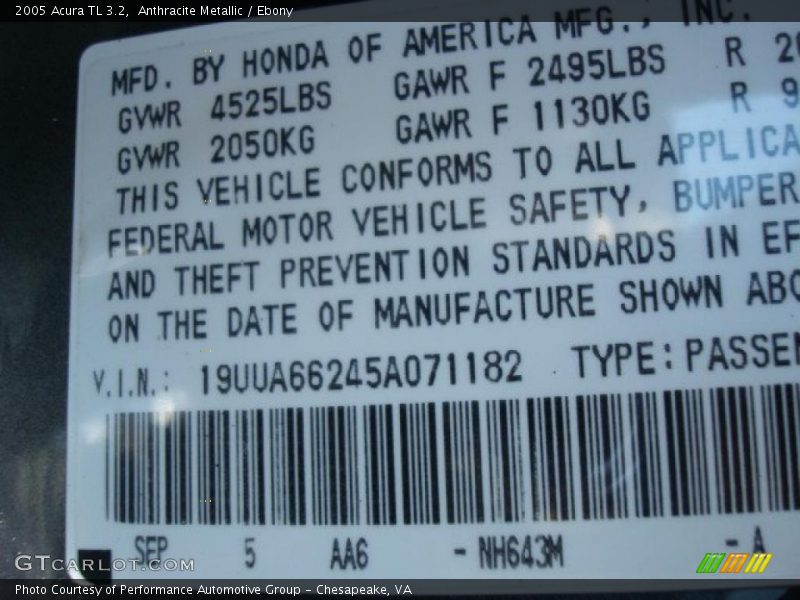 Anthracite Metallic / Ebony 2005 Acura TL 3.2